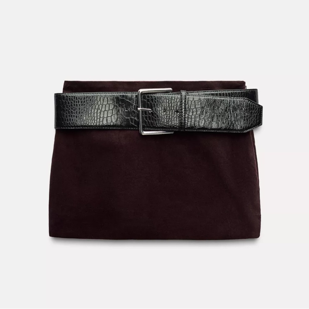 Zara Belted Velvet Maroon Mini Skirt
